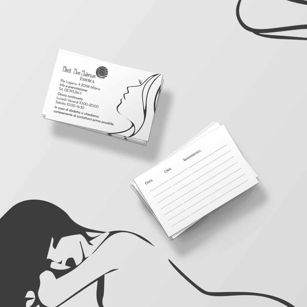 Card Black Sun Carte appuntamento realizzate per la nota catena milanese Black Sun Solarium. Layout minimale con illustrazione vettoriale, per trasmettere eleganza e riconoscibilità.