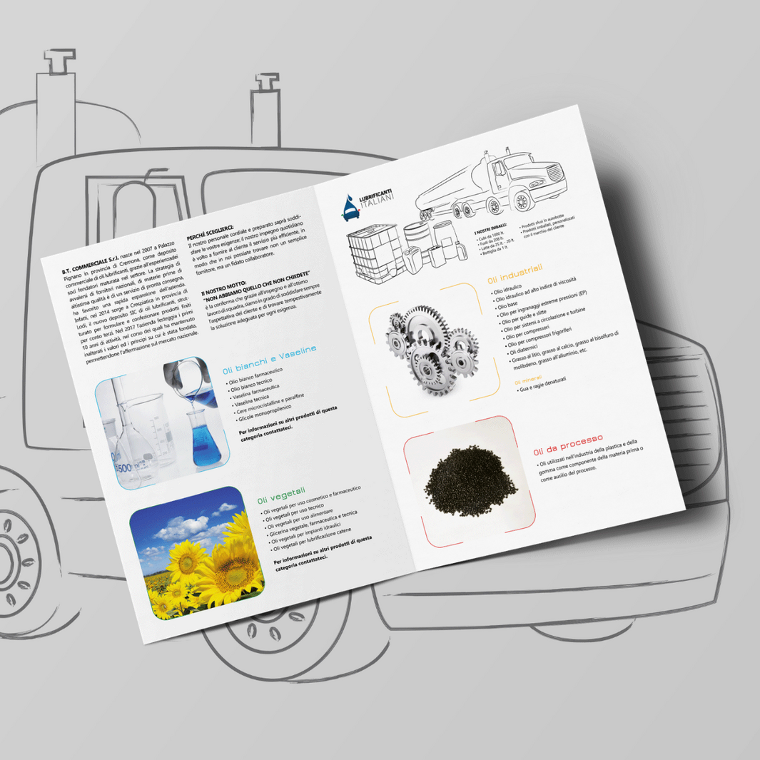 Brochure Lubrificanti Italiani Pieghevole informativo realizzato per presentare le categorie di prodotti dell’azienda. Layout ordinato, iconografia tecnica e immagini chiare per una comunicazione efficace.