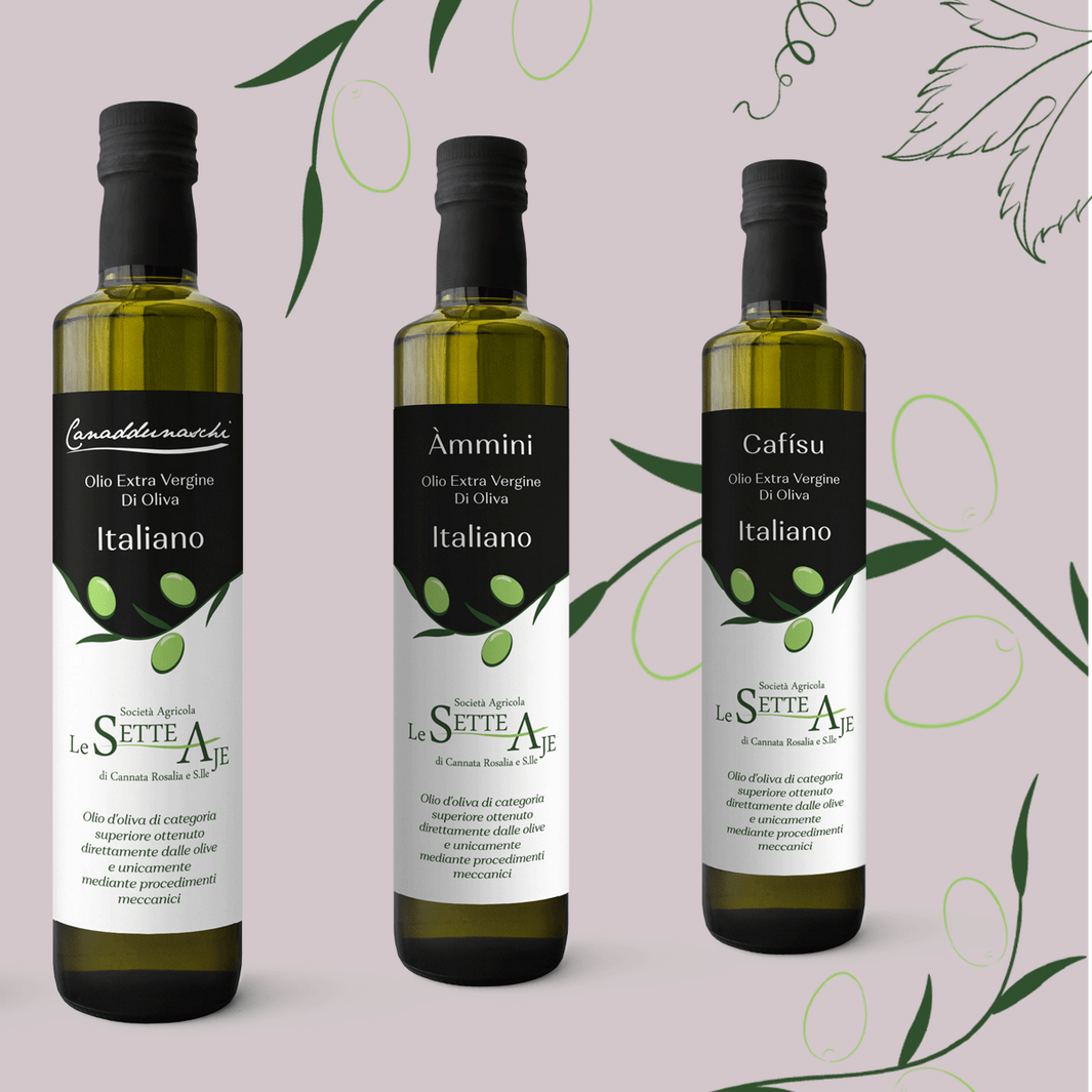 Etichette in vinile Linea di etichette per olio extravergine d’oliva italiano. Design pulito con illustrazione vettoriale, naming evocativo in dialetto siciliano. Progetto modificato successivamente dal cliente.