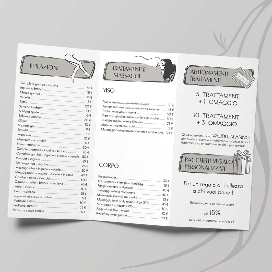 Listino Black Sun Pieghevole a tre ante per il centro estetico Black Sun Solarium. Impaginazione chiara, illustrazioni personalizzate e struttura pensata per valorizzare l’offerta e facilitare la lettura.